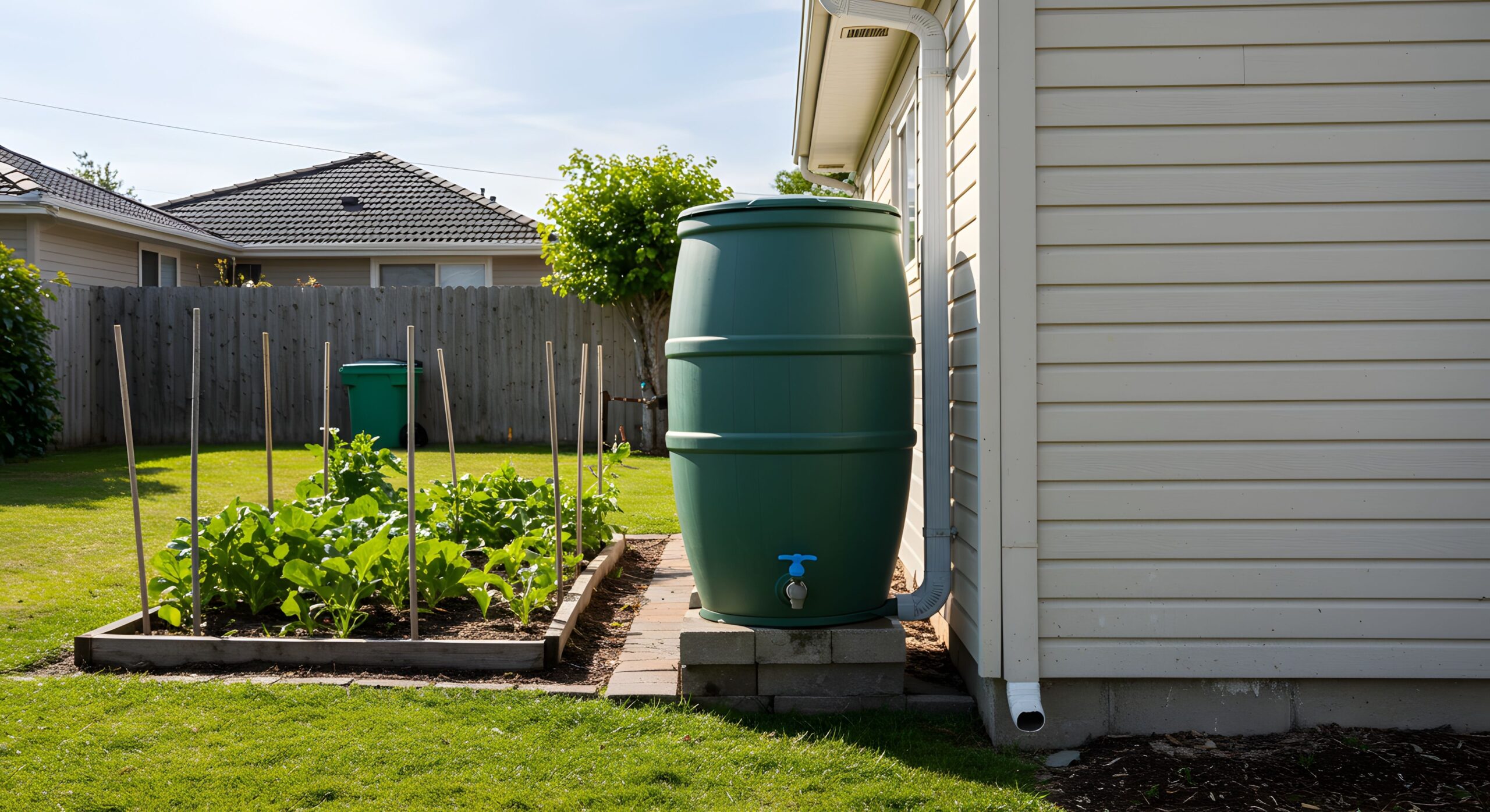 Grüner Regenfass, das Regenwasser neben einem Haus mit einem Garten im Hintergrund sammelt, um umweltfreundliche Praktiken zu fördern.