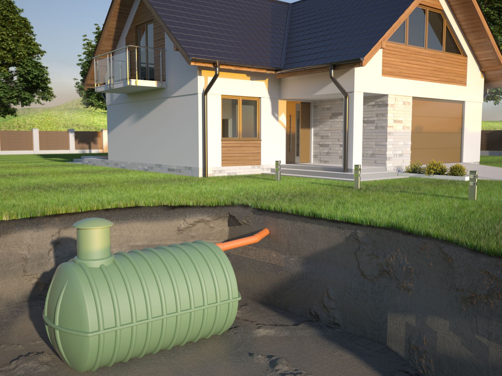 Unterirdisch installierter Kunststofftank fuer Regenwasser vor einem Neubau