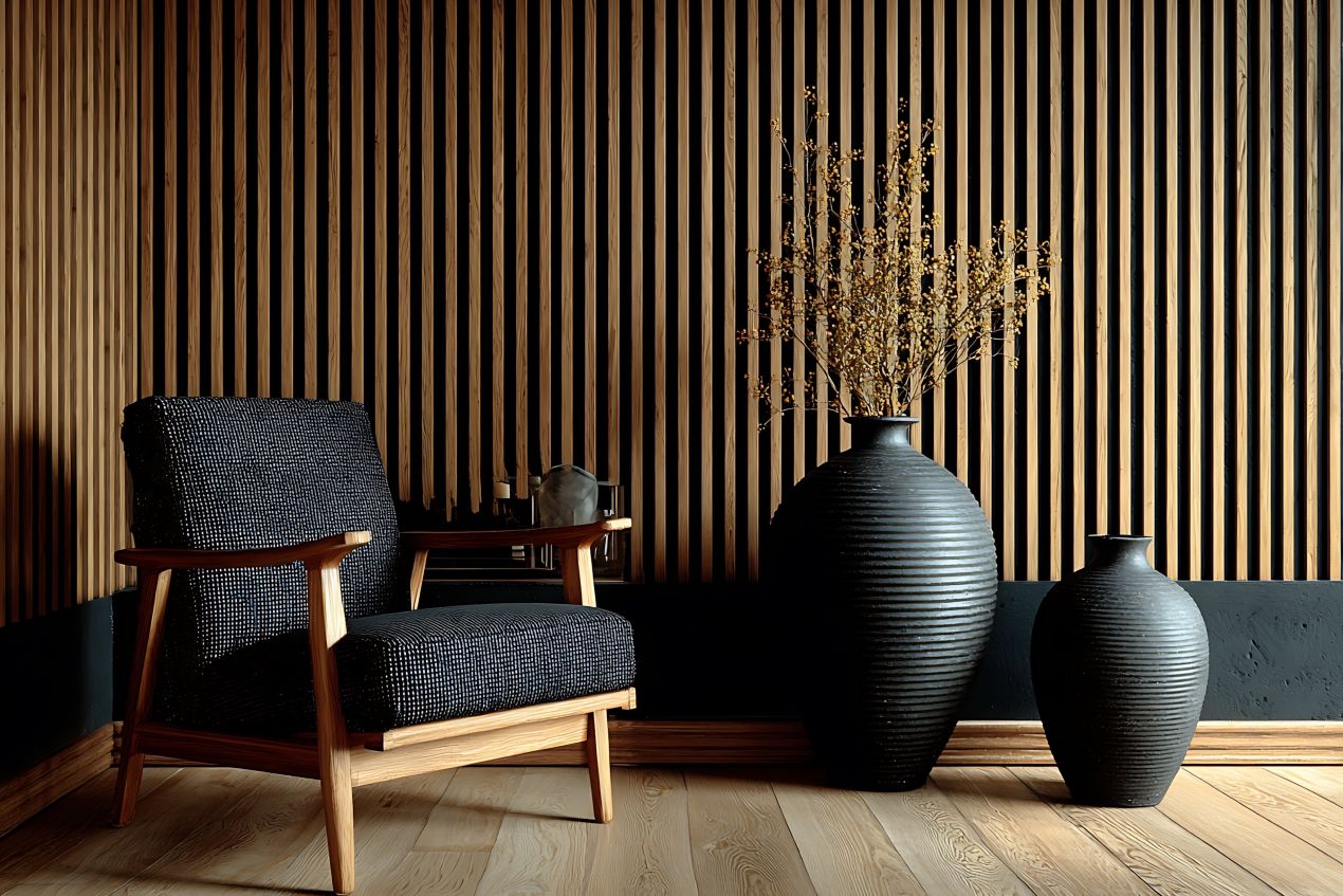 Modernes Interieur mit Akustikpaneele Wand und schwarzem Sessel