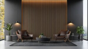 Modernes Wohnzimmer mit Akustikpaneele an der Wand aus Holzlamellen