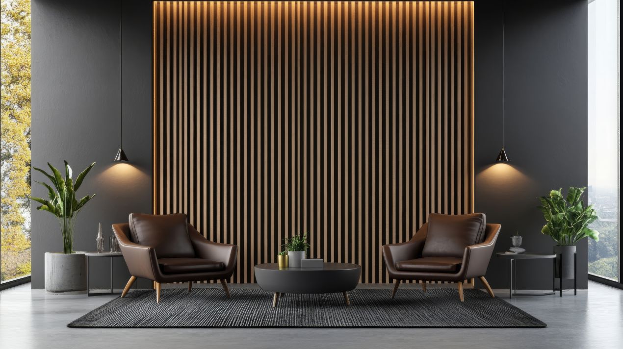 Modernes Wohnzimmer mit Akustikpaneele an der Wand aus Holzlamellen