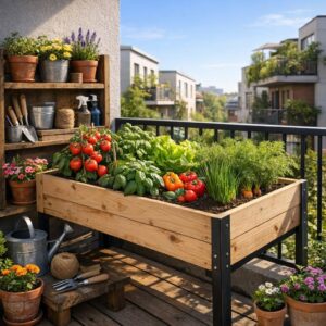 Hochbeet aus Holz mit Tomaten, Kräutern und Gemüse auf dem Balkon